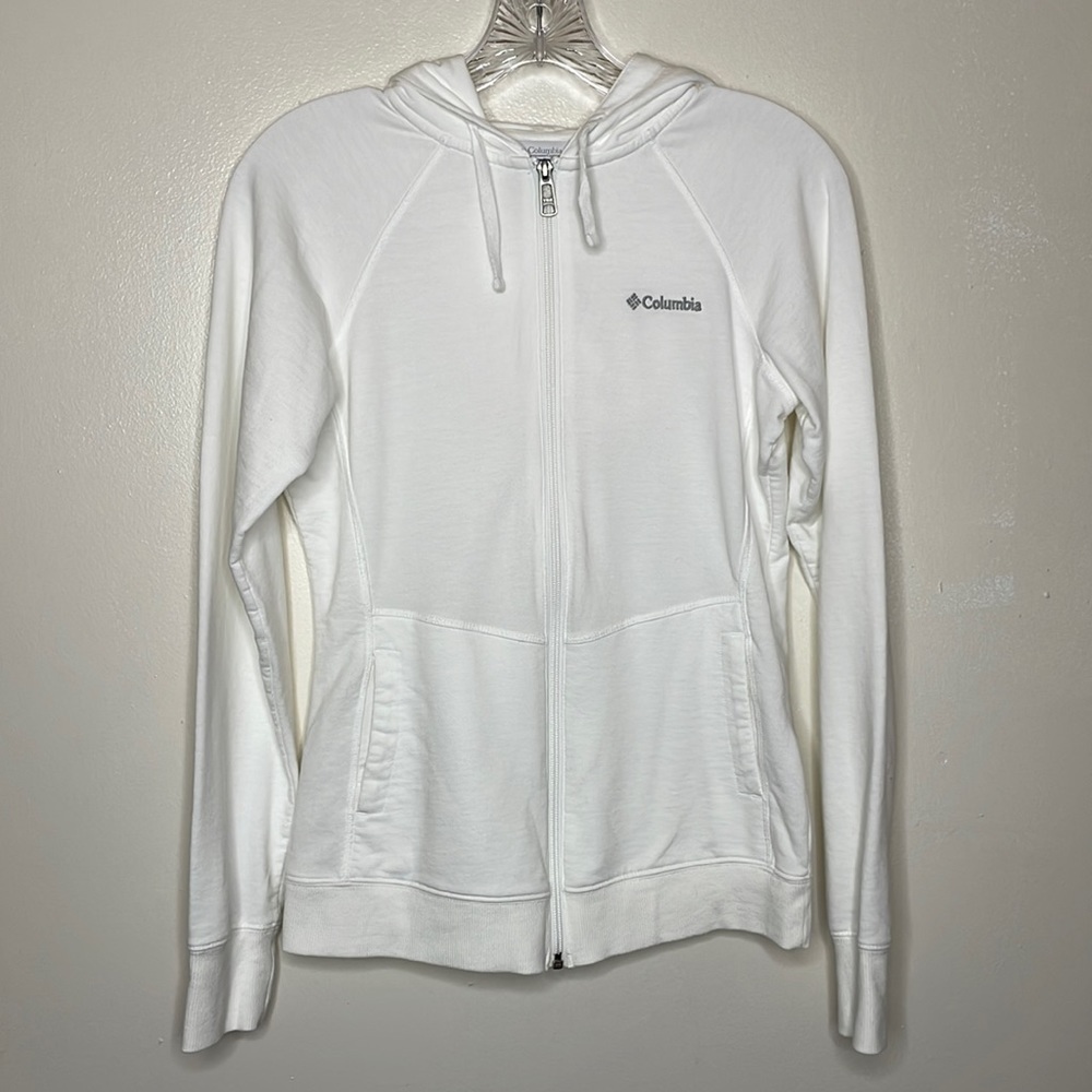 COLUMBIA Hoodie Jacket White Zip Front Kangaroo Pockets Fitted Raglan Sleeves